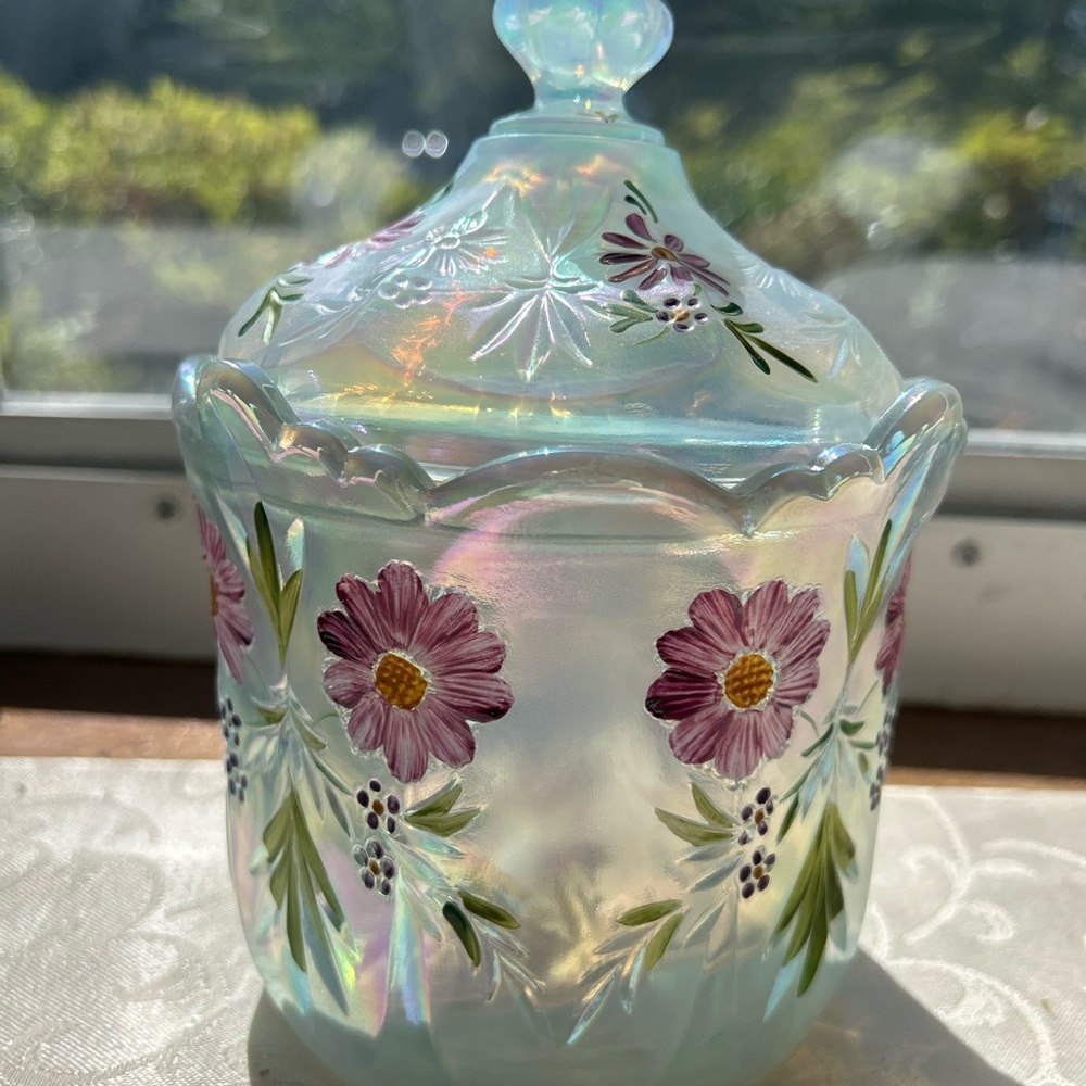 Fenton Iridescent Glass Jar with Floral Design